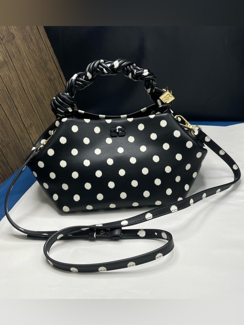GANNI Polka-Dot Mini Bou Detachable Strap Top Handle Shoulder Bag Butterfly Logo